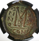 601 Maurice Tiberius Byzantine Follis Year 20 NGC AU Pedigree (19041701C)