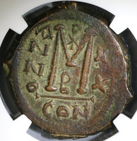 601 Maurice Tiberius Byzantine Follis Year 20 NGC AU Pedigree (19041701C)