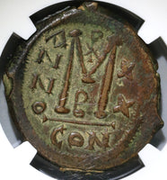 601 Maurice Tiberius Byzantine Follis Year 20 NGC AU Pedigree (19041701C)