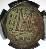 601 Maurice Tiberius Byzantine Follis Year 20 NGC AU Pedigree (19041701C)