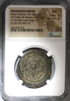 601 Maurice Tiberius Byzantine Follis Year 20 NGC AU Pedigree (19041701C)