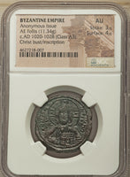 1020 NGC AU Jesus Christ Byzantine Empire Follis Anonymous Ancient Class A3 Coin (21091602C)