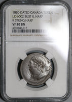1820 NGC VF 30 Lower Canada 1/2 Penny Token 9 String Harp LC-60C2 Coin (21100905C)