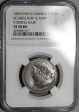 1820 NGC VF 30 Lower Canada 1/2 Penny Token 9 String Harp LC-60C2 Coin (21100905C)