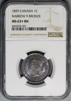 1859 NGC MS 63+ Canada 1 Cent Narrow 9 Victoria Coin (18042801D)