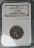 1891 NGC VF 35 Canada 1 Cent LL SD Victoria Large Leaves Small Date (20030304C)