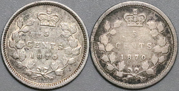 1870 Canada Victoria 5 Cents Raised & Flat Rim Sterling Silver Coins (22040304R)