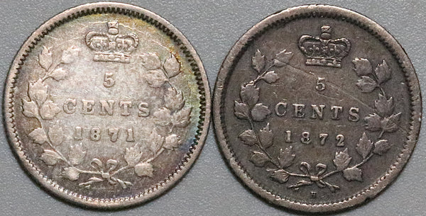 1871 1872-H Canada Victoria 5 Cents Sterling Silver Coins (22040701R)