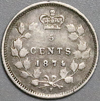 1874-H Canada Victoria 5 Cents Crosslet 4 Sterling Silver Coin (22040702R)