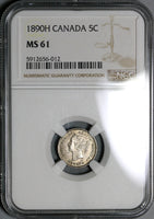 1890-H NGC MS 61 Canada Victoria Silver 5 Cents Mint Error I's Sterling Heaton Coin (21012407C)