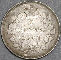 1901 Canada Victoria 5 Cents AU Sterling Silver Coin (22050201R)