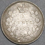 1901 Canada Victoria 5 Cents AU Sterling Silver Coin (22050201R)