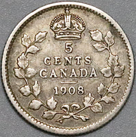 1908 Canada Edward VII 5 Cents VF Small 8 Sterling Silver Coin (22042303R)
