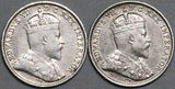 1909 1910 Canada Edward VII 5 Cents Sterling Silver Coins (22042302R)