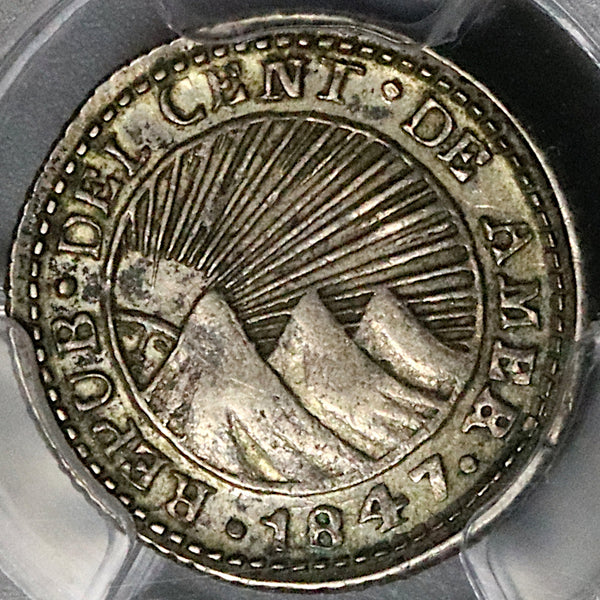 1847 PCGS AU Central American Rep 1/2 Real Costa Rica Volcanoes Silver Coin (22082102C)