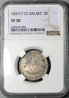 1831-T NGC VF 30 Central American 2 Reales Honduras Silver Coin (23022404C)