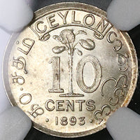 1893 NGC MS 64 Ceylon Victoria 10 Cents Silver Britain Colonial Coin (22080702C)