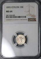 1893 NGC MS 64 Ceylon Victoria 10 Cents Silver Britain Colonial Coin (22080702C)