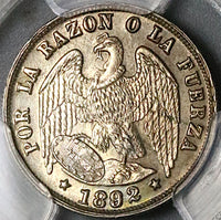1892/82 PCGS UNC Chile 1/2 Decimo Condor Bird Mint Error Santiago Mint Silver Coin (22080401C)