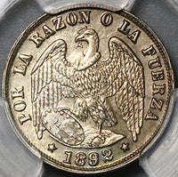 1892/82 PCGS UNC Chile 1/2 Decimo Condor Bird Mint Error Santiago Mint Silver Coin (22080401C)