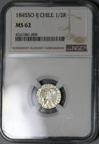 1845 NGC MS 62 Chile 1/2 Real Condor Bird Silver Mint State Coin (17052502D)