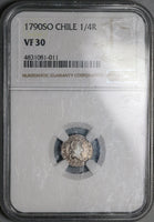 1790-So NGC VF 30 Chile 1/4 Real Charles IV Spain Colonial Santiago Silver Coin (22013102C)