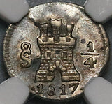 1817 NGC AU 55 Chile 1/4 Real Spain Colonial Lion Castle Silver Coin (22060801D)