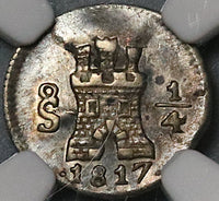 1817 NGC AU 55 Chile 1/4 Real Spain Colonial Lion Castle Silver Coin (22060801D)