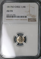 1817 NGC AU 55 Chile 1/4 Real Spain Colonial Lion Castle Silver Coin (22060801D)