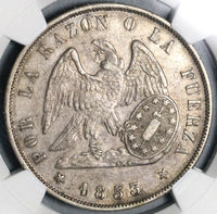 1853-So NGC AU 53 Chile 1 Peso Condor Silver Crown Coin (20071401D)