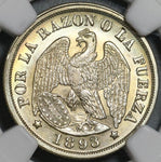 1893 NGC MS 63 Chile 20 Centavos Condor Bird Silver Mountain Coin (22081701D)