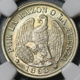 1893 NGC MS 63 Chile 20 Centavos Condor Bird Silver Mountain Coin (22081701D)
