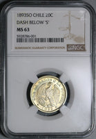 1893 NGC MS 63 Chile 20 Centavos Condor Bird Silver Mountain Coin (22081701D)