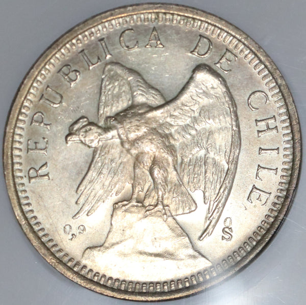 1927-SO NGC MS62 Chile Silver Five Pesos Condor Bird Coin (20110602C)