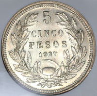 1927-SO NGC MS62 Chile Silver Five Pesos Condor Bird Coin (20110602C)