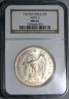 1927-SO NGC MS62 Chile Silver Five Pesos Condor Bird Coin (20110602C)