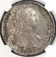 1801-So NGC AU 50 Chile 8 Reales Charles IIII Spain Colony Coin (19071401C)