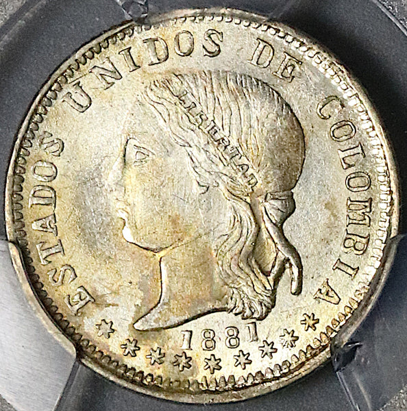 1881 PCGS MS 63 Colombia 10 Centavos Bogota Mint 20k Silver Coin (22061101C)
