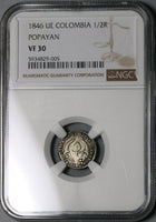 1846-UE NGC VF 30 Nueva Granada Colombia 1/2 Real Popayan Silver Coin (21122902C)