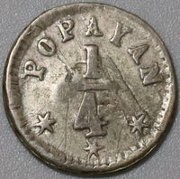 1860 Colombia 1/4 Decimo VF Popayan Mint Pomagranate Silver Coin (20020703R)