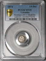 1874 PCGS VF 35 Colombia 1/4 Decimo Rare Medellin Mint Silver Coin (20032302C)
