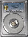 1874 PCGS VF 35 Colombia 1/4 Decimo Rare Medellin Mint Silver Coin (20032302C)