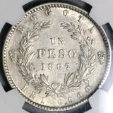 1867 NGC AU 55 Colombia Peso Silver Bogota Mint Coin 44K POP 1/1 (21070505C)