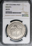 1867 NGC AU 55 Colombia Peso Silver Bogota Mint Coin 44K POP 1/1 (21070505C)