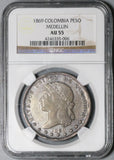 1869 NGC AU 55 Colombia Peso Medellin Mint Condor Bird 4k Silver Coin POP 2/1 (21092204C)