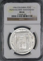 1956 NGC MS 66 Colombia Peso 200th Year Popayan Mint Silver Coin (20053003C)