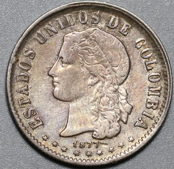 1877 Colombia 20 Centavos XF Medellin Mint Rare Silver Coin (24012001R)