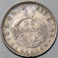 1877 Colombia 20 Centavos XF Medellin Mint Rare Silver Coin (24012001R)