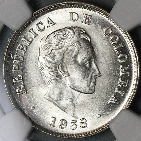 1938 NGC MS 64 Colombia 20 Centavos Silver Mint State Condor Coin (22021601C)