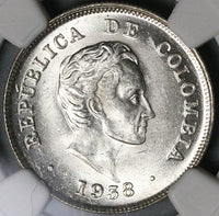 1938 NGC MS 64 Colombia 20 Centavos Silver Mint State Condor Coin (22021601C)